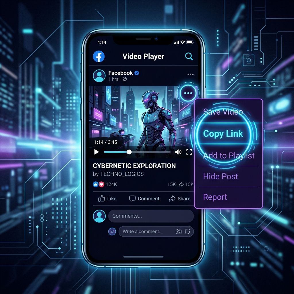 Facebook video player with the options menu open and Copy Link highlighted