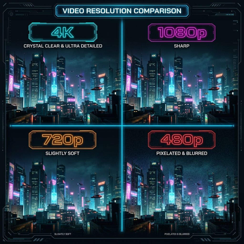 Side-by-side comparison of the same city scene at 4K, 1080p, 720p and 480p resolution